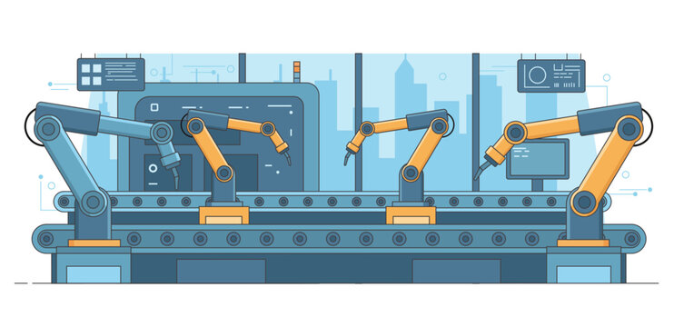 Industrial robotic arms operating on smart factory assembly line with automation system and modern manufacturing technology concept
