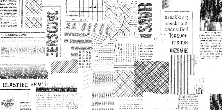 Black and white collage of newspaper clippings and with text and patterns