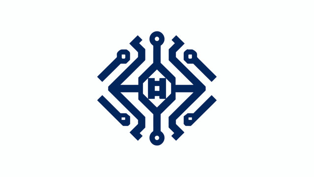 Blue hexagonal circuit pattern logo design.