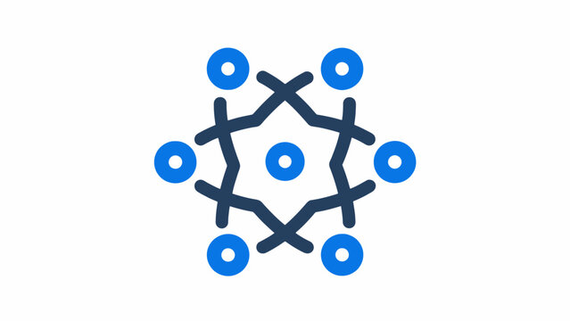 Blue hexagonal network node geometric logo symbol.