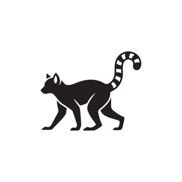 A black silhouette of a ring-tailed lemur walking, isolated on a white background, of a primate with a striped tail pattern