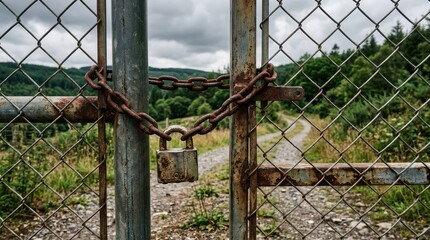 Rusty chain link gate with padlock in rural landscape
