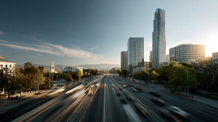 Fototapeta premium City skyline highway traffic skyscraper urban district modern light trail road