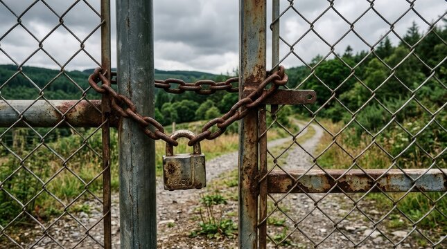 Rusty chain link gate with padlock in rural landscape
