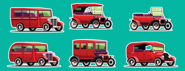 Vintage red automobile collection featuring classic buses, wagons and early motorcars. Retro transport illustration set for history and travel themes. © Vivid Pixel Studio.