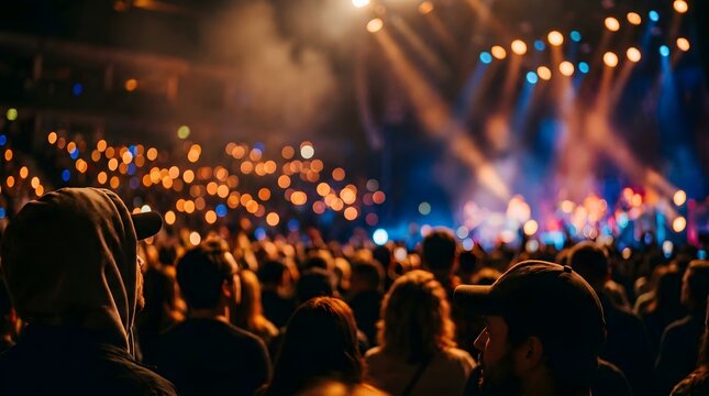 Large crowd of enthusiastic fans enjoying a live music concert under bright stage lights in a dark indoor arena setting