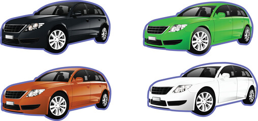 Collection of colorful modern station wagon cars isolated on white background. Detailed automotive transport illustration set for vehicle and mobility themes. © Vivid Pixel Studio.