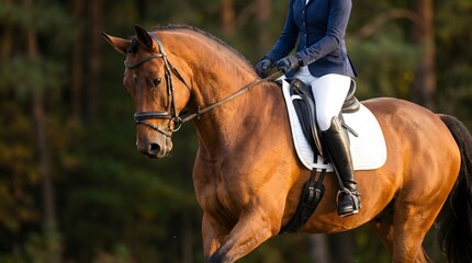 Fototapeta premium Professional equestrian rider sits gracefully atop a beautiful brown horse while wearing elegant competition attire during a sunny outdoor session