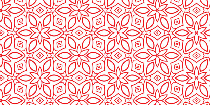Seamless red floral geometric pattern with repeating flower and hexagon motifs. Elegant ornamental background for textile, wallpaper and decor design.