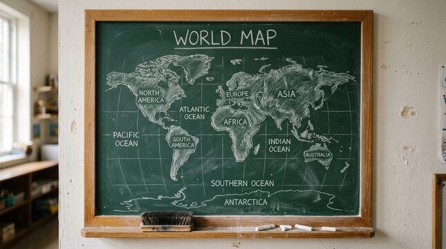 World map drawn on a classroom chalkboard with chalk