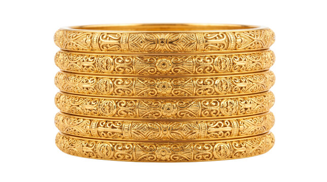 Traditional Indian gold bangles with intricate filigree, stack of seven ornate golden bracelets, luxury ethnic bridal jewelry for weddings isolated PNG with Transparent Background
