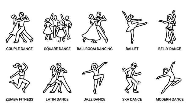 Dance Style Line Icon Collection, Ballet Ballroom Latin Zumba Vector Set