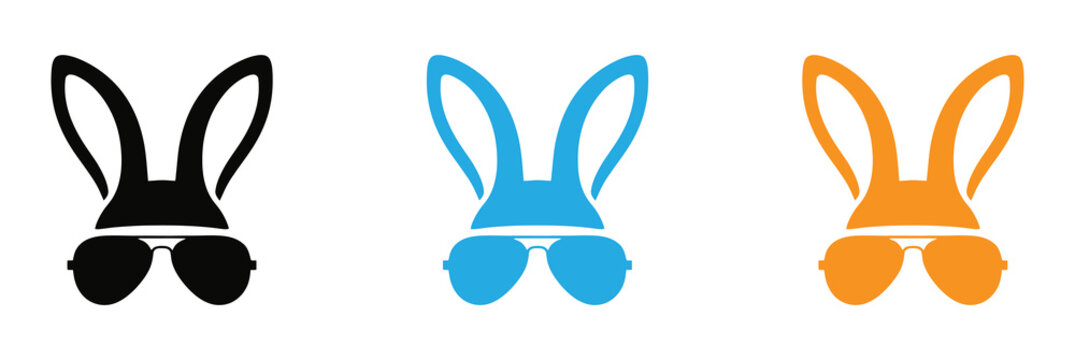 banny`s ears set, black silhouette vector illustration isolated on white background. Cool bunny icons with sunglasses in black blue and orange colors. elements for easter decoration, cutting or printi
