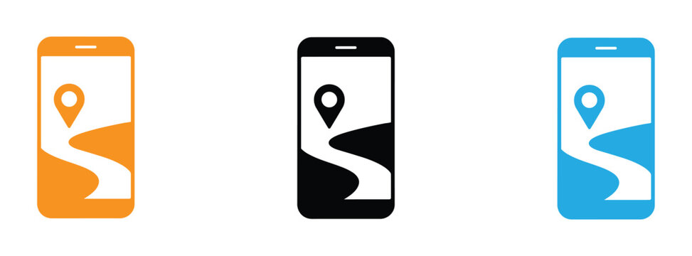 Three colorful mobile phone icons displaying a map and location pin, symbolizing navigation and GPS technology.