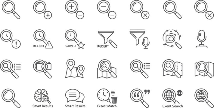 Collection of modern line icons for search functionality including zoom in out clear recent saved filter microphone camera map brain chat clock find exact match.