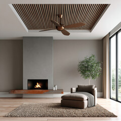 Obraz premium Modern living room with fireplace, wooden ceiling fan, large window, indoor plant, cozy armchair, and textured rug create warm inviting atmosphere
