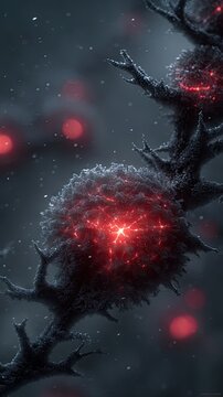 Macro shot captures glowing red neuron body with dark dendrites in a soft, shadowy background highlighting its biological texture and organic form