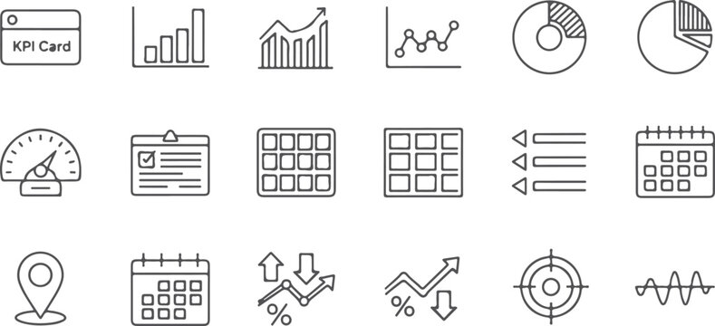 Modern flat icons for business analytics and finance including KPI card dashboard charts graphs line chart pie chart calendar gauge document grid view.