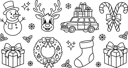 Christmas holiday winter celebration element doodle set snowman reindeer car gift wreath line art vectors © Sabbir Studio