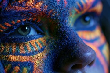 Naklejka premium A model with neon paint covering her face, with negative space forming patterns around her eyes, under blacklight
