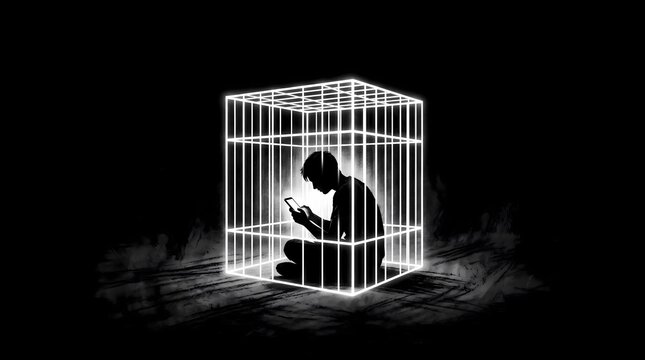Silhouette of Man Trapped in Smartphone Cage for Digital Imprisonment Concept