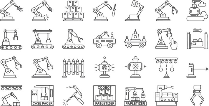 Set of industrial robot icons for automation and manufacturing including various robotic arms conveyor belts mobile platforms and specialized machinery for factory production lines.