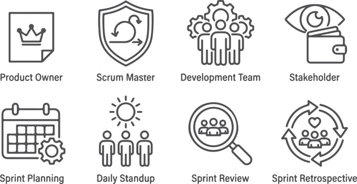 Set of agile scrum development icons including product owner scrum master development team and stakeholder process.