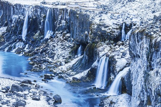 Hrauneyjarfoss waterfalls, onset of winter, Sudurland, Iceland