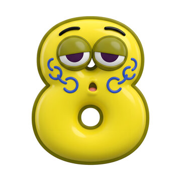 Number 8 with a tired emoji face