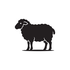 Obraz premium Black silhouette of a sheep standing on a ground line, side profile view, isolated on a white background, farm animal