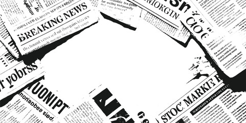 Plakat Overlapping black and white newspaper pages with headlines and text fragments breaking