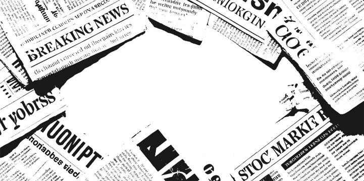 Overlapping black and white newspaper pages with headlines and text fragments breaking