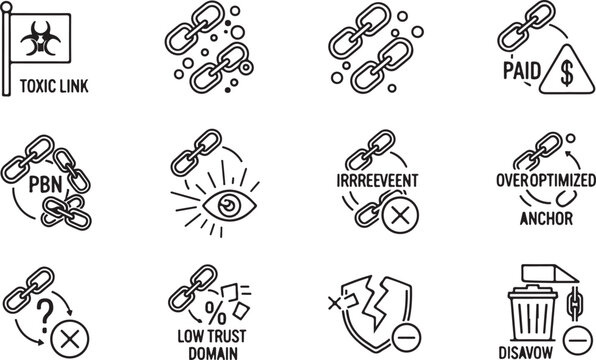 Outline icons illustrating toxic link building strategies like PBN toxic link paid links and low trust domain with broken link symbols.