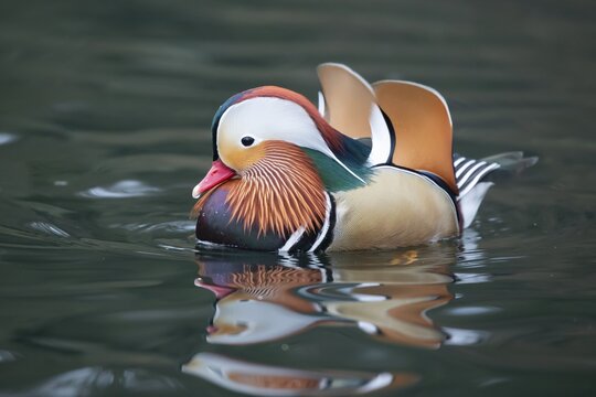 Mandarin duck (Aix galericulata) adult male bird on a lake, England, United Kingdom