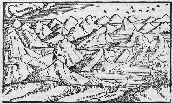 Alps, Switzerland, Alpine landscape, woodcut by Sebastian M&uuml;nster from the Cosmographia Universalis, Basel 1550, Switzerland