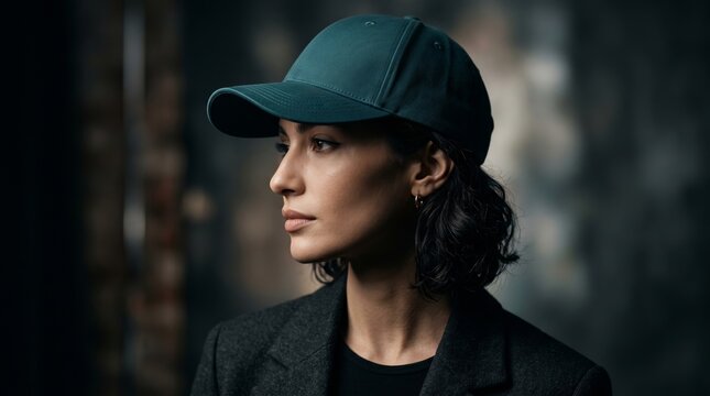 A woman wearing a dark green baseball cap.