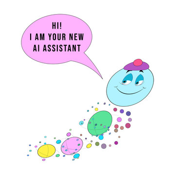 Cute AI assistant character with speech bubble and abstract orbiting data elements. Chatbot mascot illustration isolated on white background, technology and artificial intelligence concept.