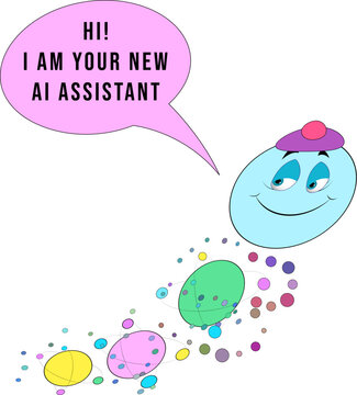 Cute AI assistant character with speech bubble and abstract orbiting data elements. Chatbot mascot vector illustration isolated on white background, technology and artificial intelligence concept.