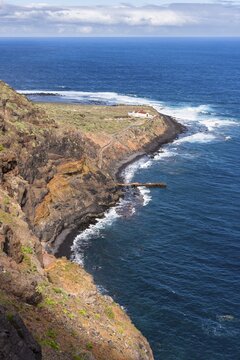 The Puntallana Special Nature Reserve and the Ermita de Guadalupe pilgrimage chapel. Mountains, rocks and sea. Good weather. Reserva Natural Especial de Puntallana, La Gomera, Canary Islands, Spain