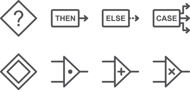 Flowchart and logic gate symbols for programming and decision making in technology and business processes including start then else case vector icons.
