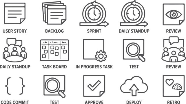 Agile development process icons for software engineering and project management including user story backlog sprint daily standup review test deploy retro.