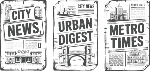 Naklejka premium Three newspaper pages featuring city buildings and headlines like city news urban digest and metro times