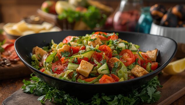 A colorful, fresh Fattoush salad from the Middle East in a dark bowl.