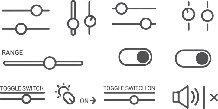 Set of interactive UI elements featuring sliders range controls and toggle switches for adjusting settings and options in digital interfaces representing various control states.