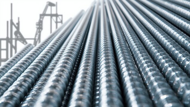 A detailed look at a group of lengthy metal threaded rods. Construction fasteners.