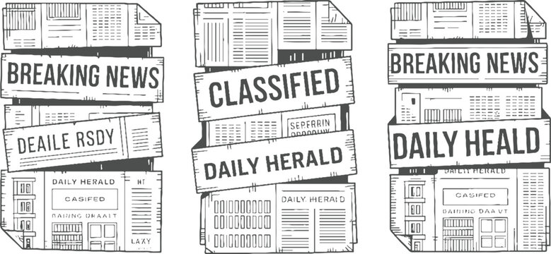 Three vintage newspaper stacks with headlines breaking news classified and daily herald