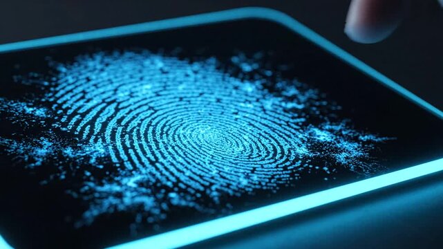 Fingerprint scanning on a dark screen with blue light, biometric identification and cybersecurity technology