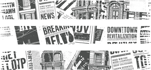 Naklejka premium Collage of vintage newspaper clippings and architectural in grayscale text lettering