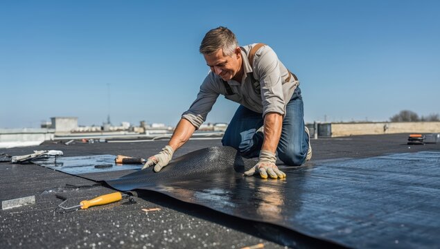 A man puts glue on an old seal and attaches a rubber sheet.