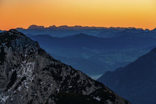 Dawn in the mountains, view of silhouette of mountain ranges, in front Hochstaufen, Zwiesel, Bad Reichenhall, Berchtesgadener Land, Upper Bavaria, Bavaria, Germany